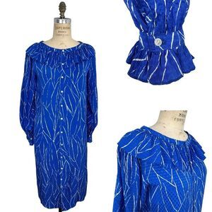 Vintage 70's 80's Adele Simpson Shift Dress M Royal Blue Silk Ruffle Grandama